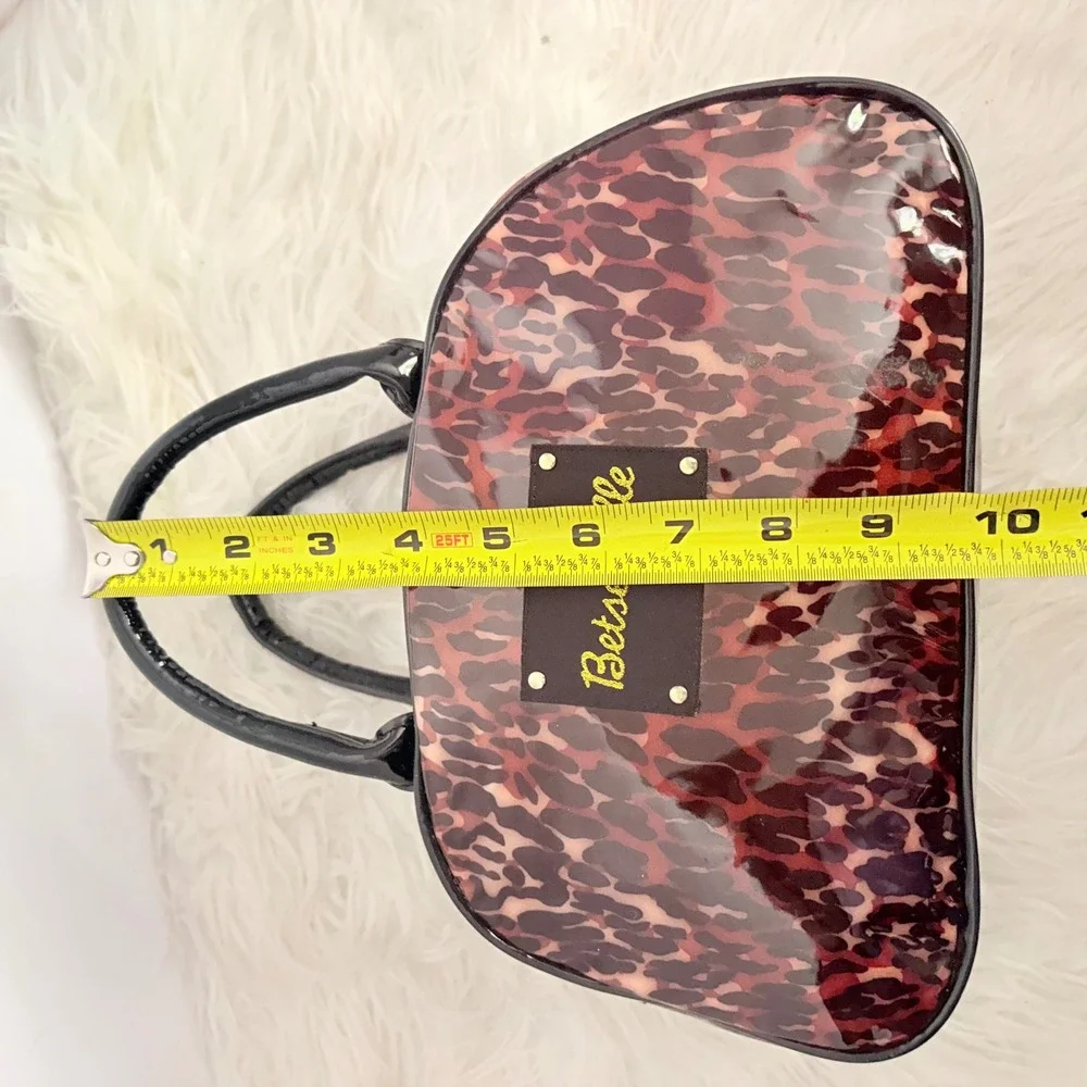 Betseyville Betsey Johnson Leopard Print PVC Mini Bowler Bag y2k Brown Black